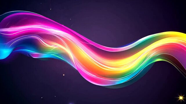 An abstract, sinuous band of glowing light, a vibrant rainbow spectrum, flows across a dark purple backdrop with a tiny spark
