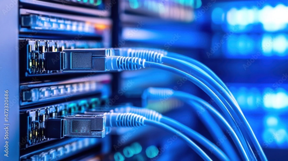 Poster Close-up view of fiber optic cables connected to a server rack, showcasing advanced network infrastructure and data transfer technology. : Generative AI