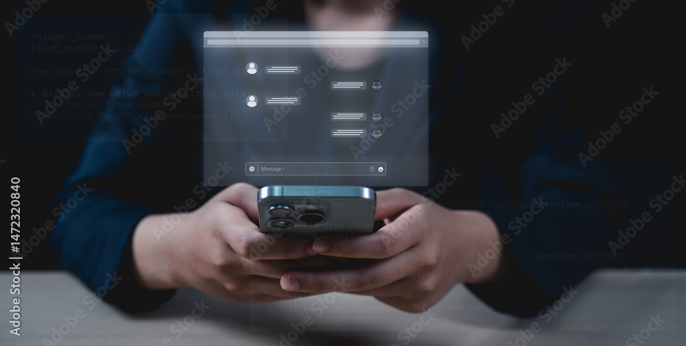 Aufkleber a person interacts with a smartphone, displaying a digital chat interface with icons and messages.