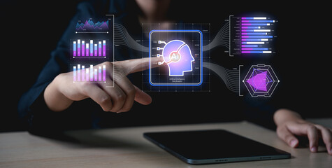 Businessman interacts with digital analytics and artificial intelligence graphics above a tablet, illustrating data and technology concepts.