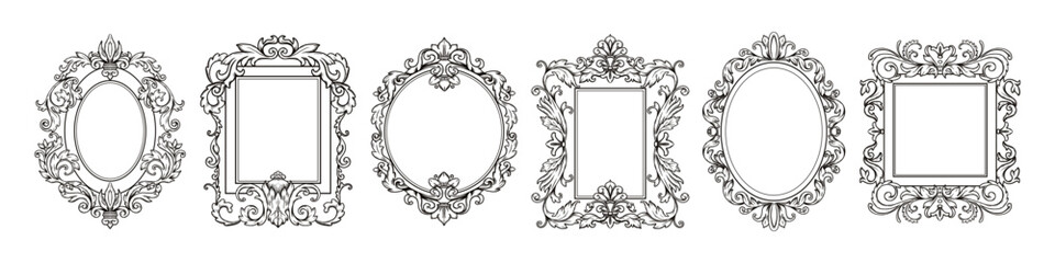 Gothic frame. Ornate mirror ornament, antique victorian border. Oval and square hand drawn fantasy decoration. Arabesque filigree sketch classic graphic. Vector silhouette style isolated set