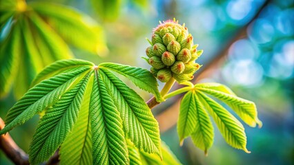 Vibrant Springtime Horse Chestnut Branch with Emerging Buds and Lush Green Foliage