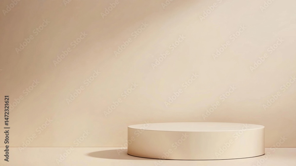 Poster beige cylindrical pedestal on a light beige background, illuminated by soft sunlight, ideal for prod