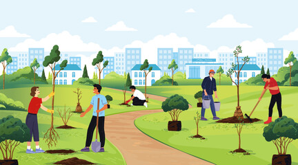 City garden. Urban park community. Volunteers planting trees. Conservation environment. Ecology day. Kids volunteering work on farm. Young men and women with saplings. Vector illustration
