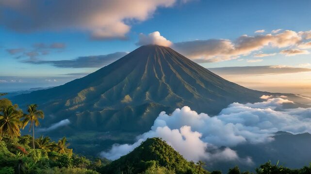 Look at the amazing morning view of mount batur, a big volcano in bali located on kintamani bangli indonesia