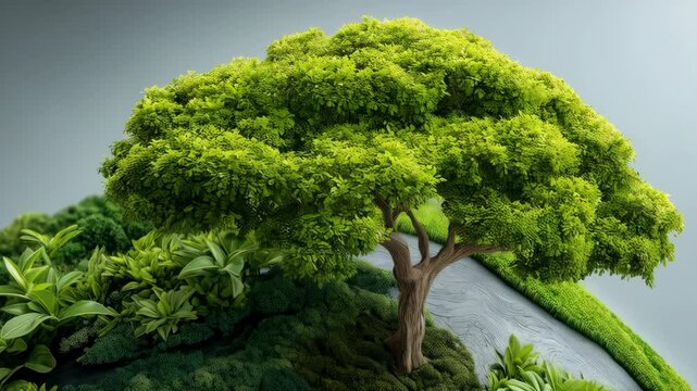 Miniature tree on a grassy hill with various plant types in shades of green on a gray background, eco concept
