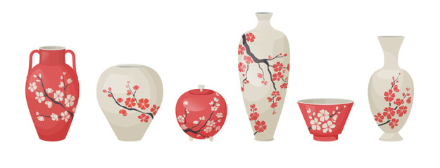 3d vase. White Japanese ceramic with traditional floral decoration. Chinese sakura art. Porcelain bowl. China style ornament. Japan branch with flowers. Botanical design pots vector set