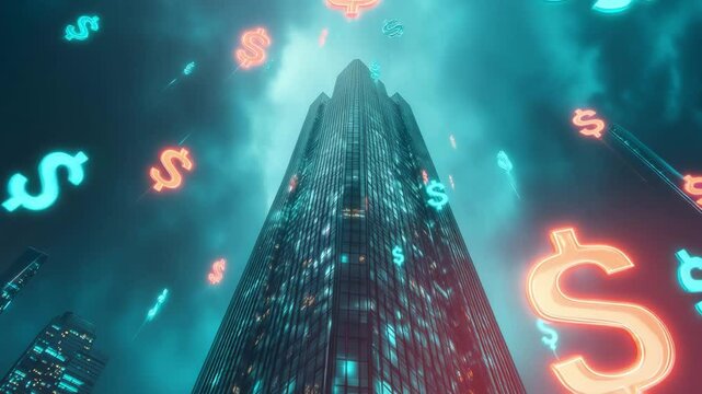 Illuminated skyscraper rises into the night sky, surrounded by floating neon dollar signs. The urban landscape is alive with vibrant colors, creating a dynamic atmosphere