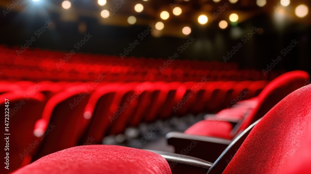 Poster empty red velvet theater seats in a dimly lit auditorium, awaiting an audience for a performance or 