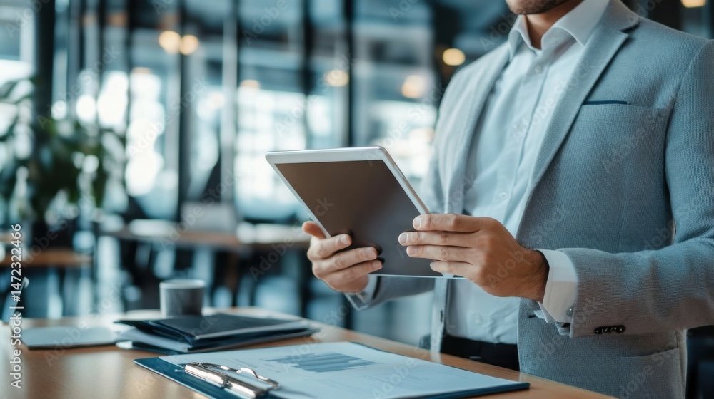 Poster Businessman reviewing data on digital tablet in modern office setting.  He's dressed in a smart grey suit and white shirt, showcasing professionalism and technology integration. : Generative AI