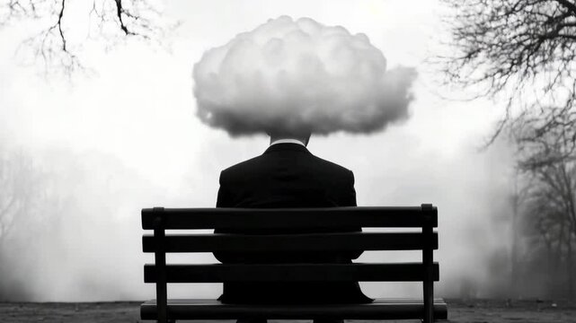 A man in a black suit sits on a bench in a park, with a cloud hovering above his head. The scene evokes a sense of reflection and contemplation amidst a moody atmosphere