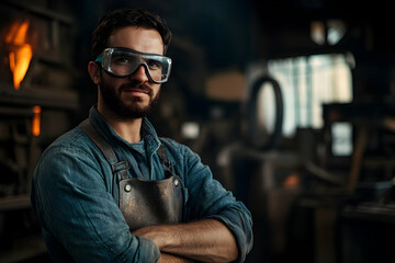 Obraz premium Skilled Blacksmith in Workshop with Safety Goggles and Apron