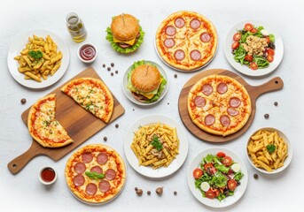 Assorted food arrangement isolated on white background