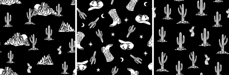 Set of three black and white western seamless vector patterns: desert landscapes, cowboy gear, and cactus.