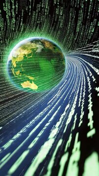 Futuristic Data Stream with Earth in Digital Matrix Environment