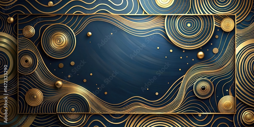 Poster abstract gold and dark blue swirling pattern background with circular design elements and golden sph