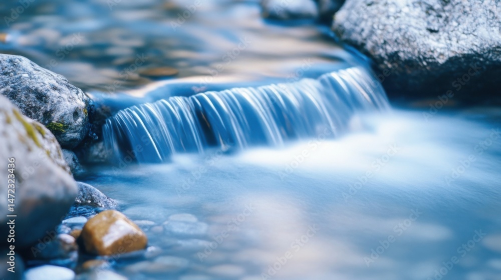 Poster serene waterfall cascading over smooth, grey rocks into a tranquil blue stream, creating a peaceful 