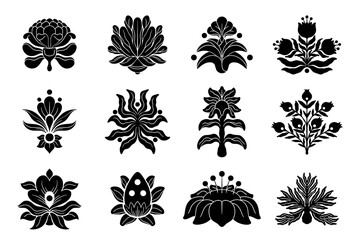 Indian motif. Flower symbol, floral Mughal boarder or flourish embroidery motive. Traditional ornate stencil. Traditional ethnic plants. Black silhouettes. Isolated decorative vector icons