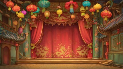 Fototapeta premium Stage with red curtains and lanterns in a traditional asian setting.