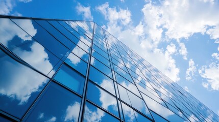 Modern glass skyscraper reflecting a vibrant blue sky and fluffy white clouds, showcasing architectural design and urban landscape. : Generative AI