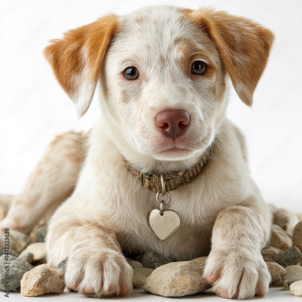 Poster adorable lemon-colored puppy resting on pebbles, wearing a collar with heart charm, studio shot : ge