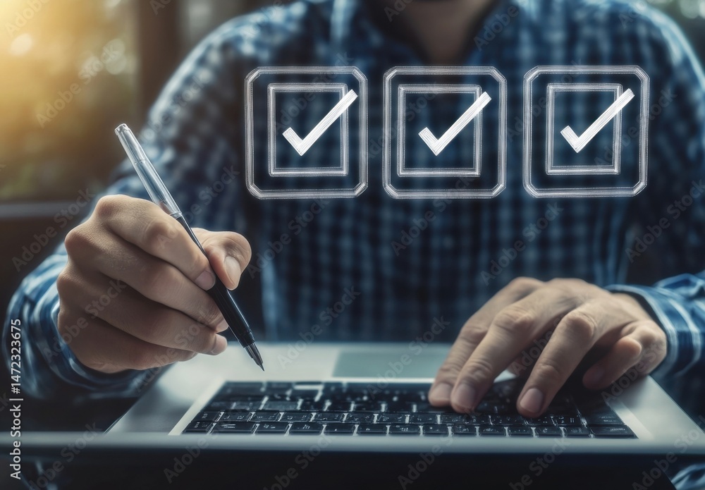 Aufkleber A man uses a pen and laptop, completing a checklist of tasks shown as a digital overlay.  The image conveys efficiency, productivity, and successful project management. : Generative AI