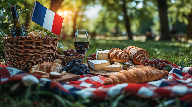 French Picnic Celebration with Wine and Croissants – Bastille Day Festive Outdoors
