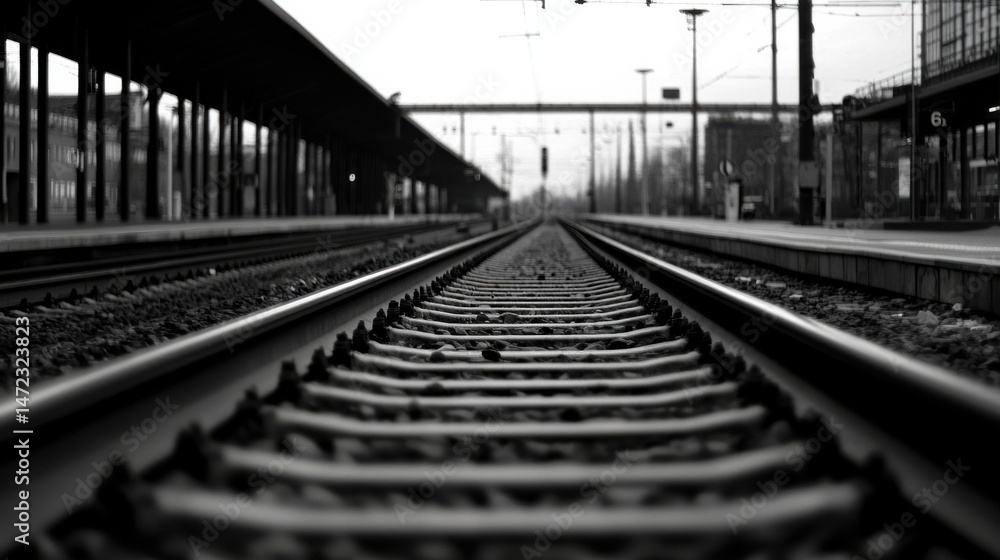 Poster a monochrome perspective down a railway track, vanishing into the distance at a train station platfo