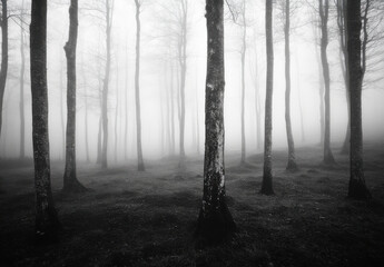 Fototapeta premium A misty, monochrome forest scene featuring slender tree trunks rising from a carpet of fallen leaves, creating a serene yet slightly mysterious atmosphere. : Generative AI
