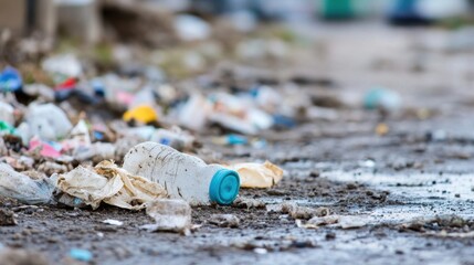 Obraz premium A discarded plastic bottle lies amidst a pile of trash on a muddy ground, highlighting the environmental problem of pollution and waste disposal. : Generative AI