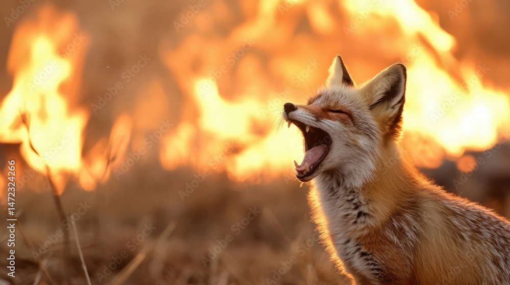 Poster red fox yawning dramatically against a vibrant sunset backdrop, fiery orange and yellow hues illumin