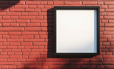 Blank square frame on a red brick wall, illuminated by sunlight