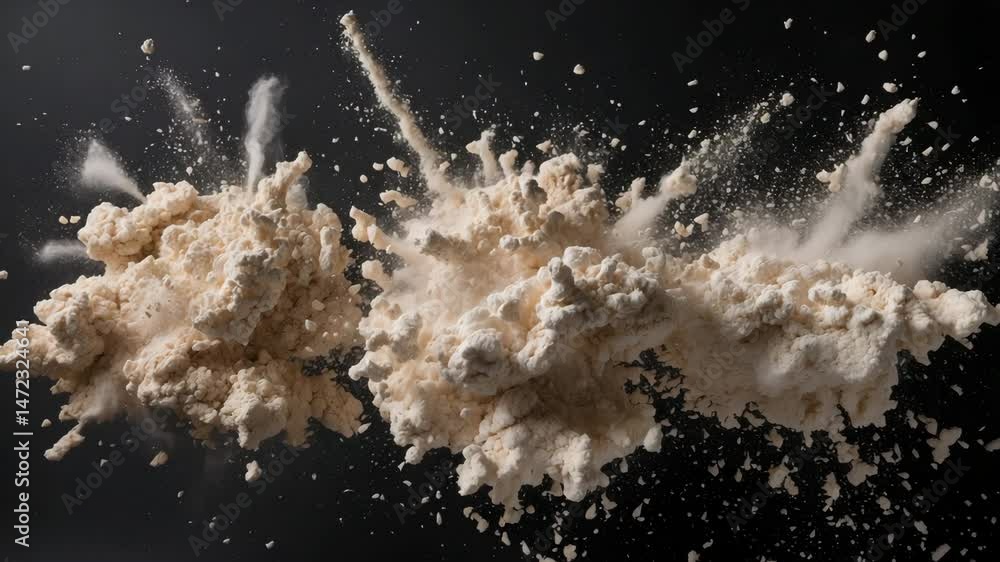 Poster flour particles exploding over dark background with dust powder splash clouds isolated on black