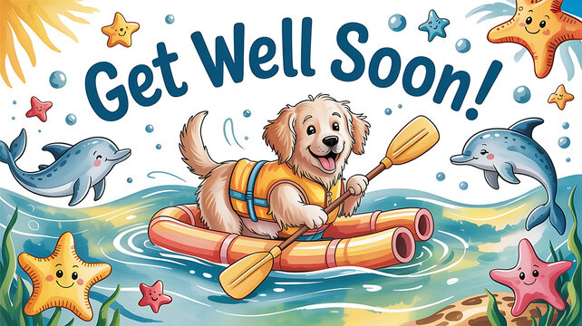 Cute golden retriever puppy kayaking with dolphins and starfish for a get well soon message