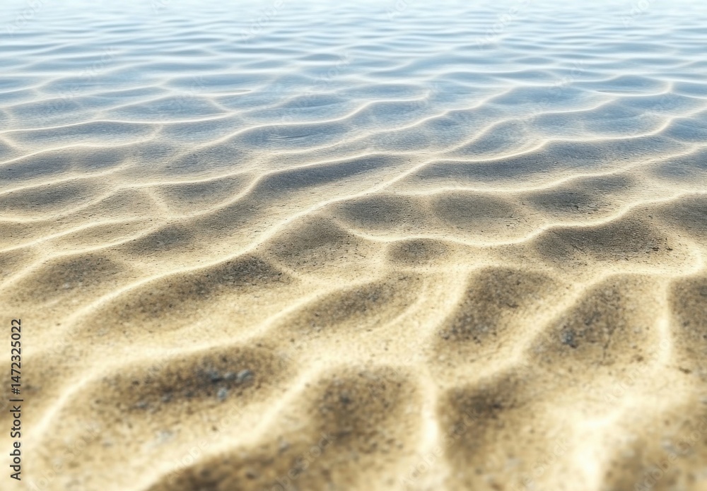Poster shallow, clear ocean water gently flows over a sandy seabed, creating a mesmerizing ripple pattern. 