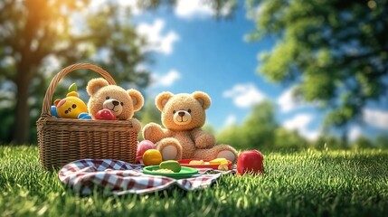 Obraz premium Plush teddy bears picnic on grass with checkered blanket, basket, toy pig, trees, and sky.