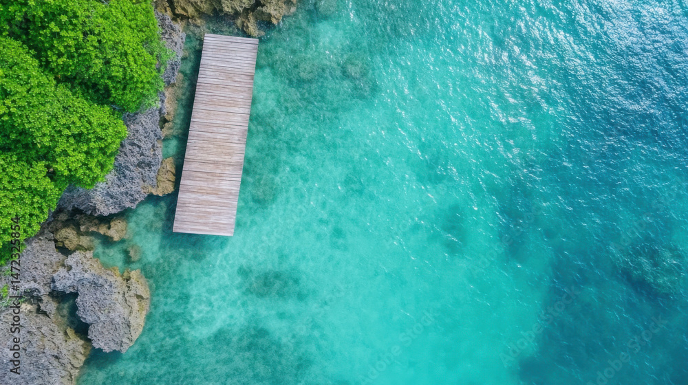 Poster aerial view of a tranquil turquoise ocean scene, featuring a small wooden dock extending from a lush