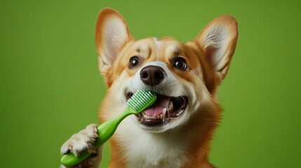 Adorable Pembroke Welsh Corgi dog happily brushing its teeth with a green toothbrush against a vibrant green background. : Generative AI