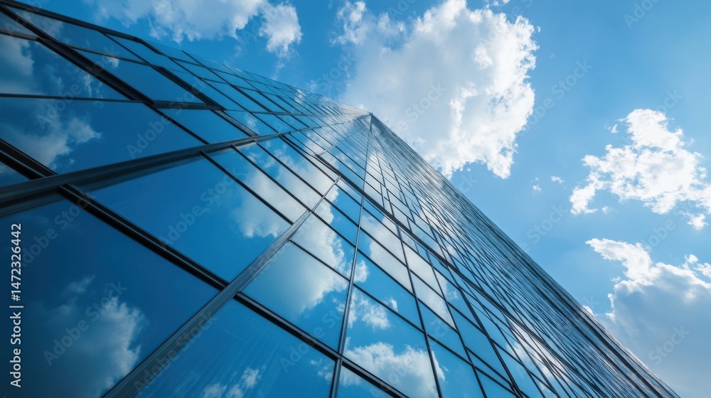 Poster modern skyscraper facade reflecting blue sky and fluffy clouds, low angle view showcasing architectu
