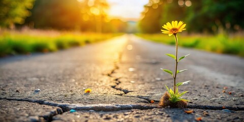 A resilient yellow flower bravely blossoms through a crack in the pavement, bathed in the warm glow of the setting sun.