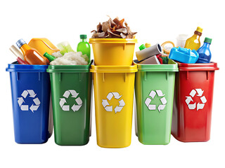  Collection of recycling bins with different types of waste on white background, PNG