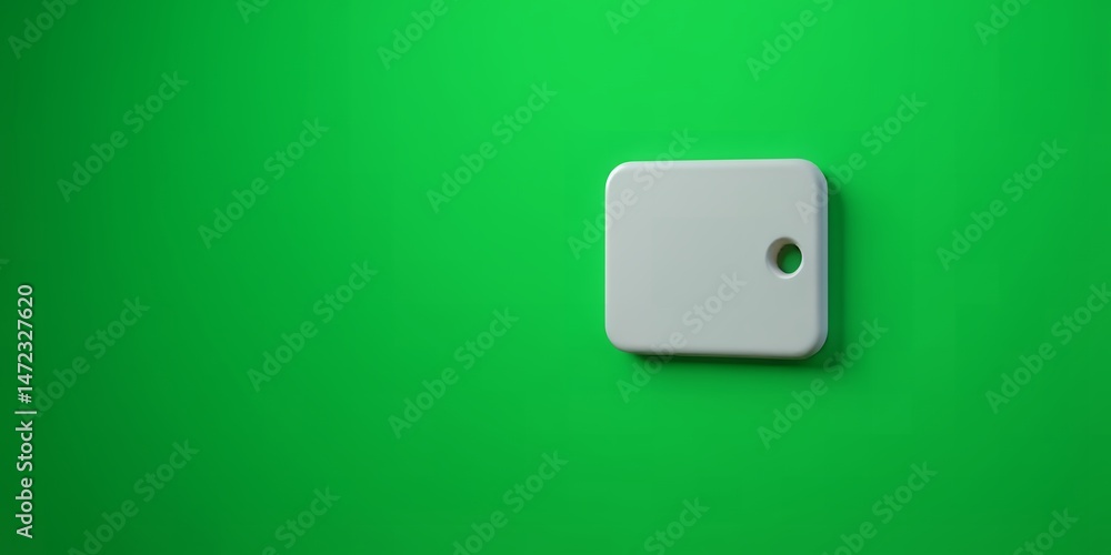 Poster a white square object with a hole on a green background in a studio setting, centered right