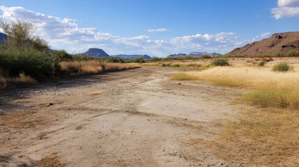 Arid desert landscape with dry riverbed and distant mountains under a partly cloudy sky, showcasing the beauty of a southwestern US desert scene. : Generative AI