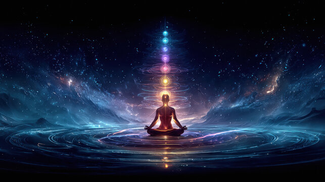 man Meditating with Seven Glowing Chakras
