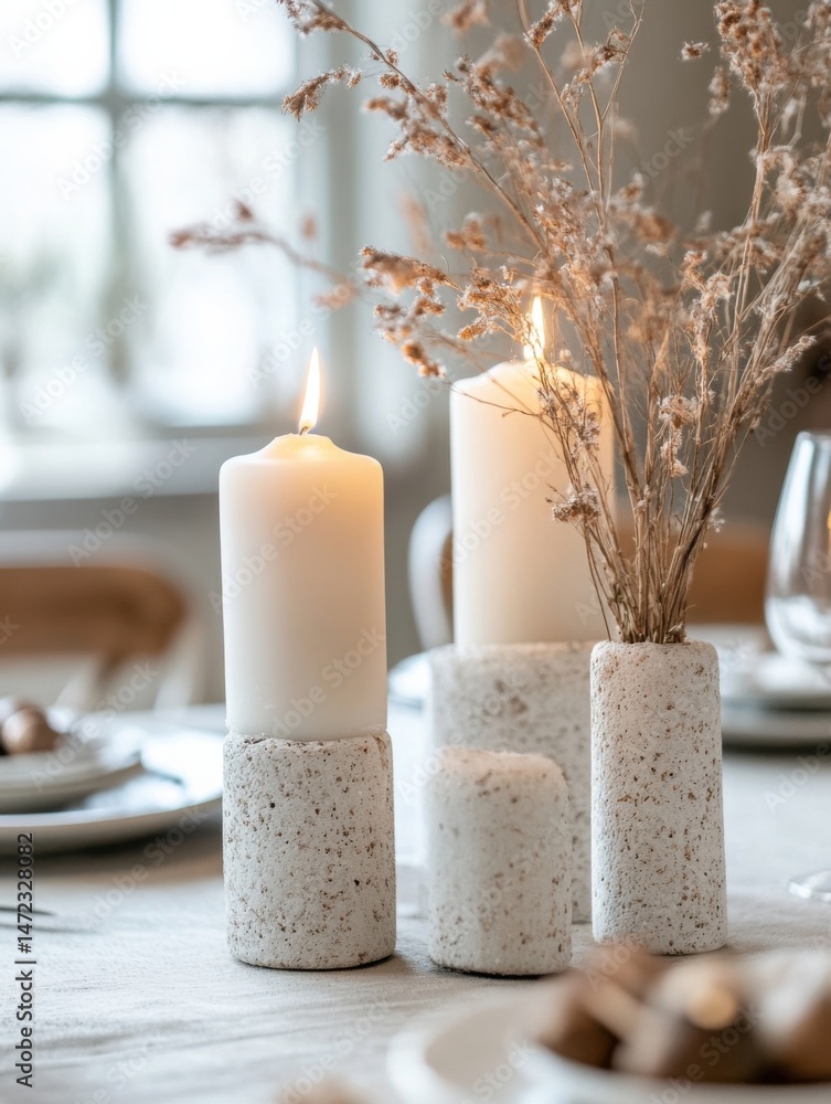Poster a tranquil table setting features two lit white candles in textured concrete holders, complemented b