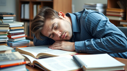 Tired overworked man sleeps at table. Many books around. Person study very hard. Student closed eyes. Overtime late learning. Exhausted asleep guy preparing for test exam. Funny sleepy lazy young man.