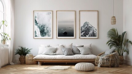 Scandinavian Living Room with Framed Artwork on Textured Wall