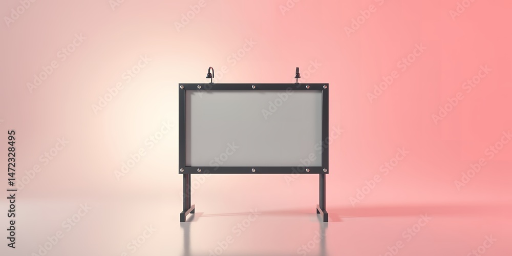 Poster a gray rectangular sign with a black frame and two hooks on top against a pink background