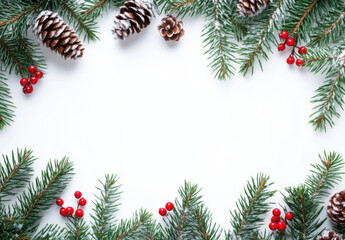 Snowy pine branches, red berries, and pine cones create a festive Christmas border on a white background, perfect for holiday cards or winter designs. : Generative AI