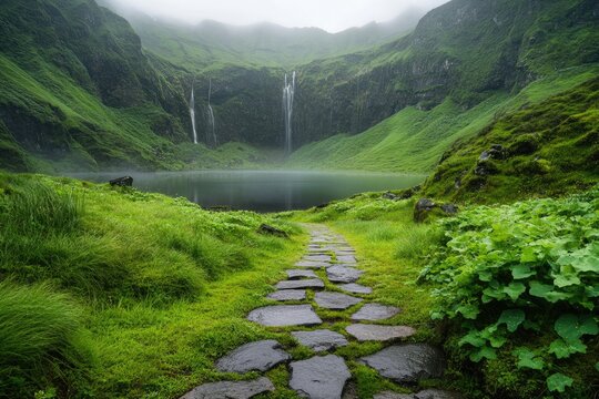 Misty mountain lake with cascading waterfalls. Lush green landscape and a stone path leads to the tranquil scene